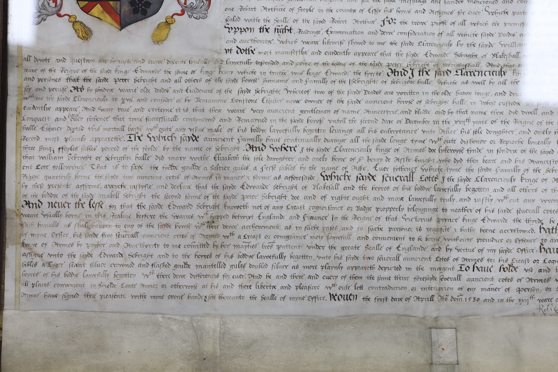 Two documents relating to a grant of arms to Edward Sebright of Blakeshall in Wolverley, Worcestershire, gentleman, April 1580